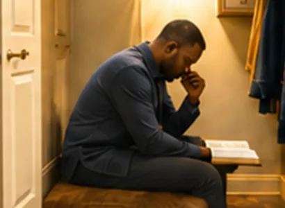 Man kneeling in prayer beside an open Bible