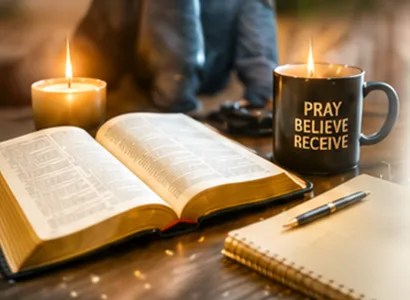 Open Bible beside candles and a prayer cup