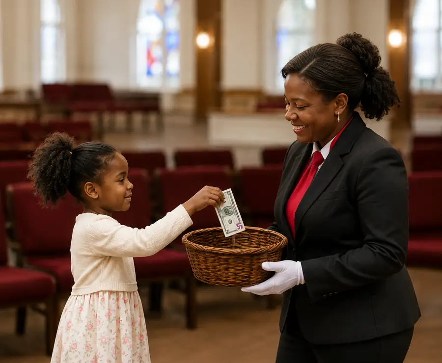Child placing an offering into a ministry basket