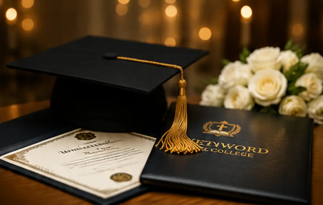 Graduation cap, diploma, ceremony program, and flowers