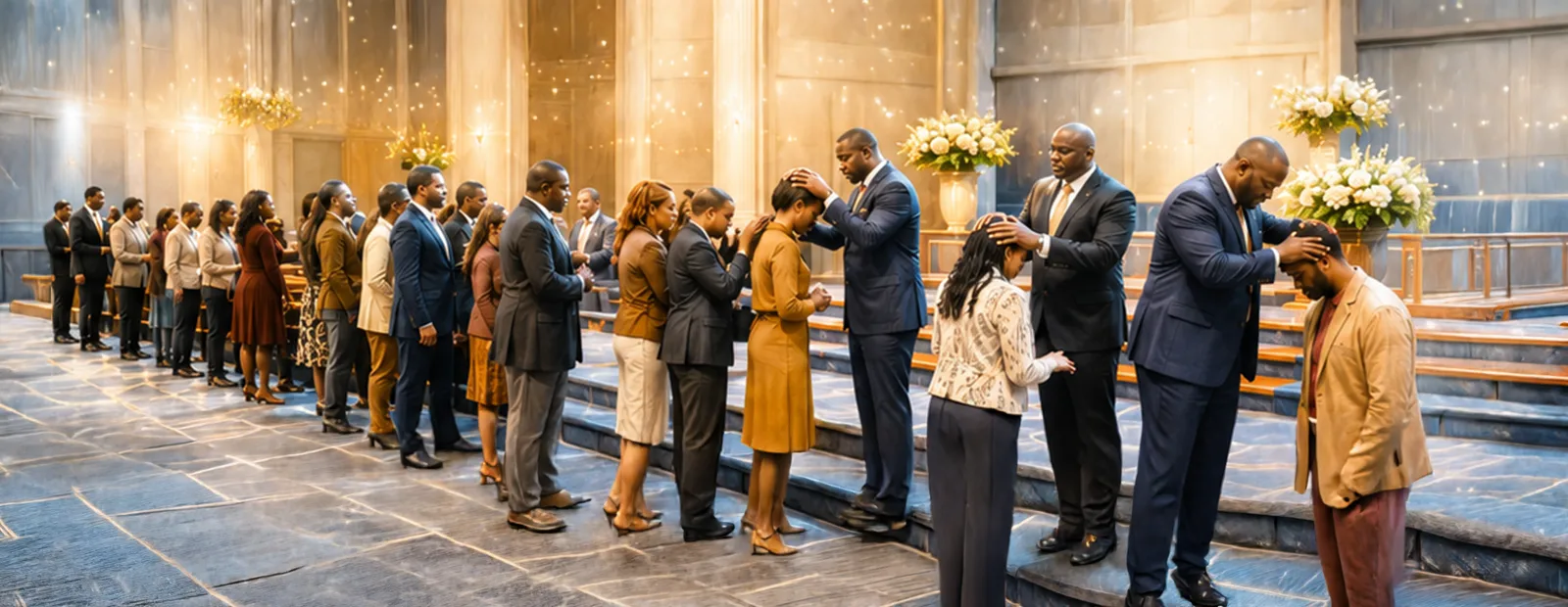 Church leaders praying over members of the congregation