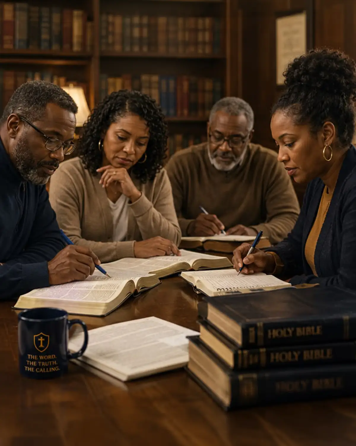 A diverse group of adult students studying the Bible together