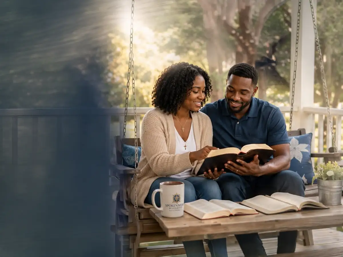 Couple reading the Bible together on a porch swing