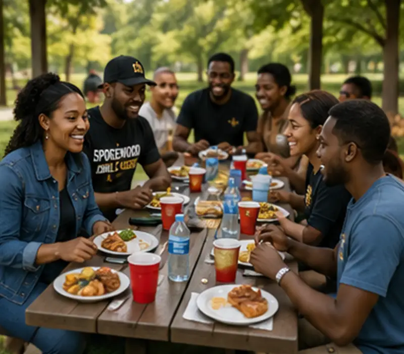 Bible College students sharing a meal at a community cookout