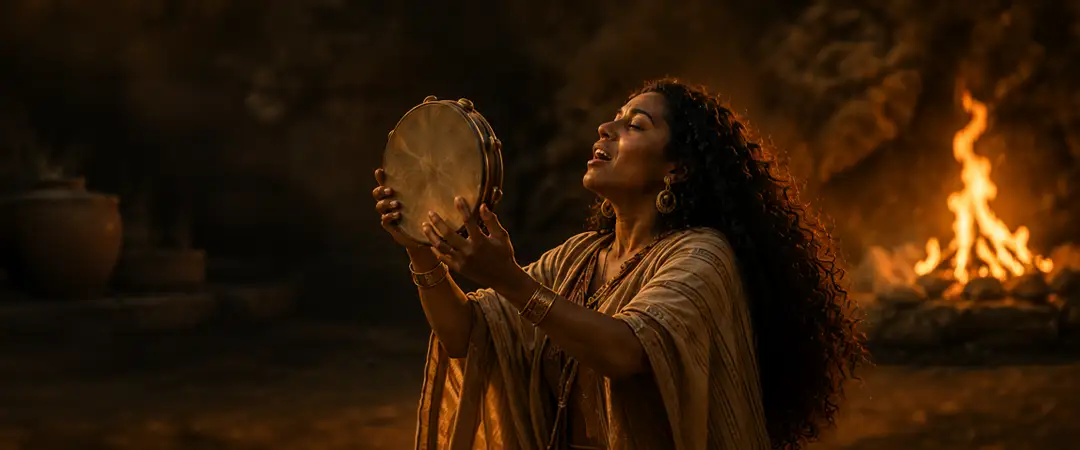 Biblical depiction of Prophetess Miriam holding a tambourine