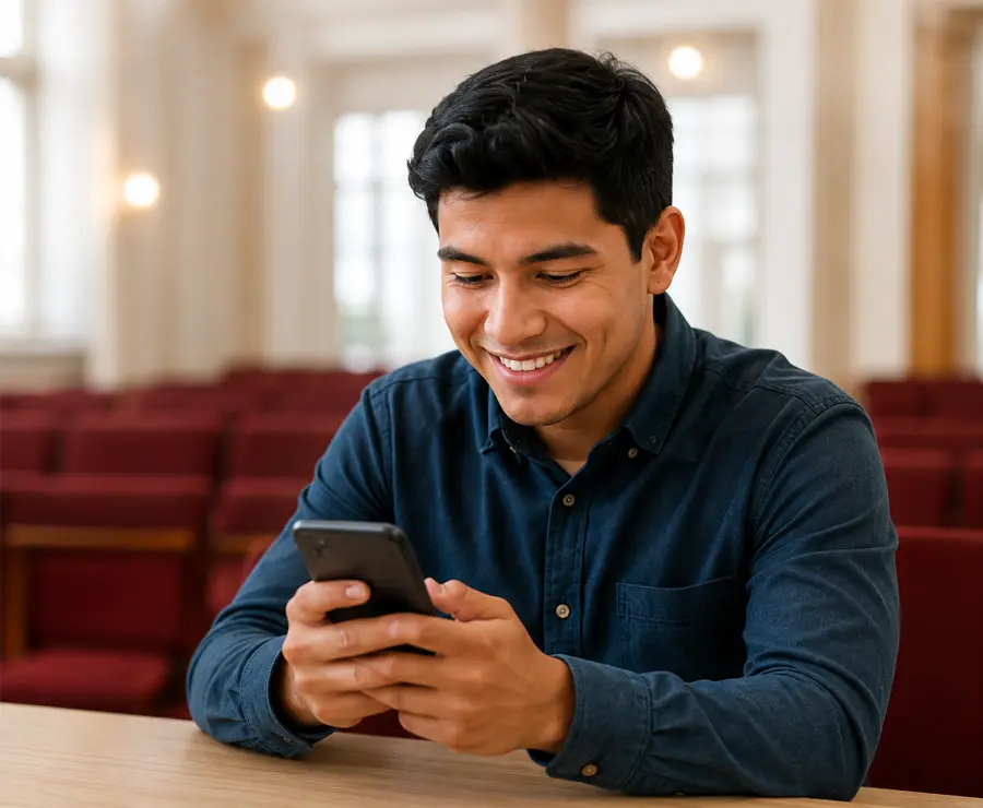 Young adult using his phone to give to the ministry