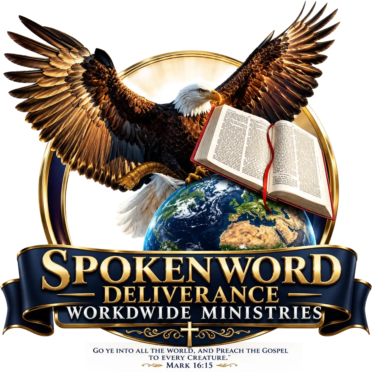 Temporary placeholder for an eagle carrying an open Bible above a globe