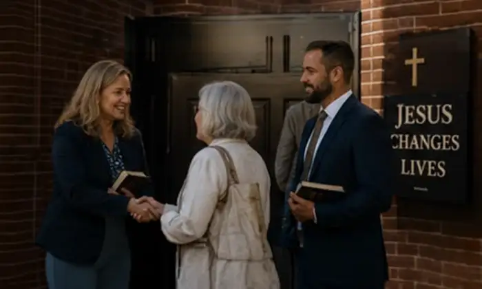 Ministry leaders welcoming and serving people at church