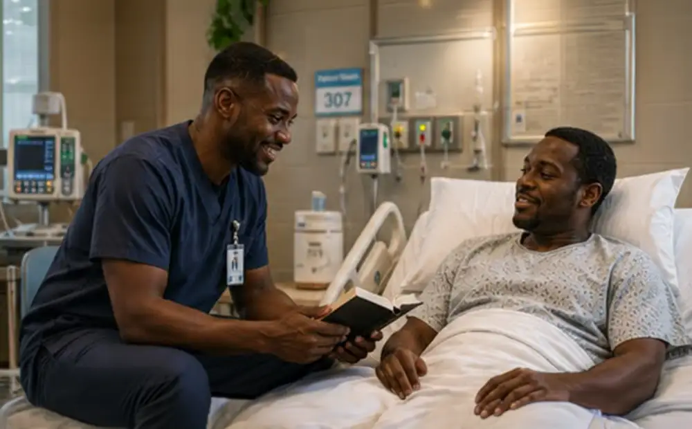 Minister sharing Scripture with a patient in a hospital room