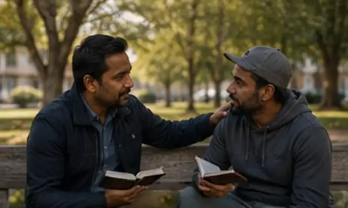Minister mentoring another person with Scripture outdoors