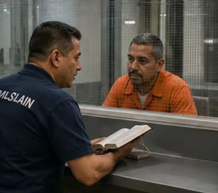 Minister sharing the Bible with a person in prison