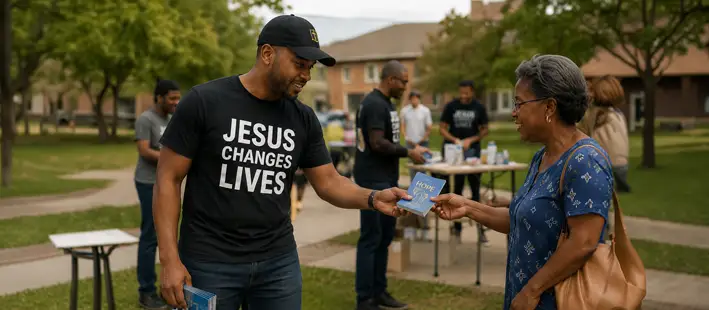Student sharing ministry information during community outreach