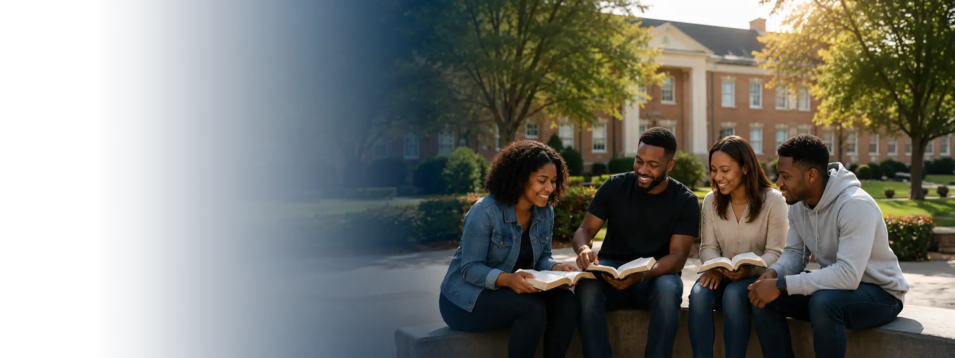 Bible College students studying Scripture together on campus